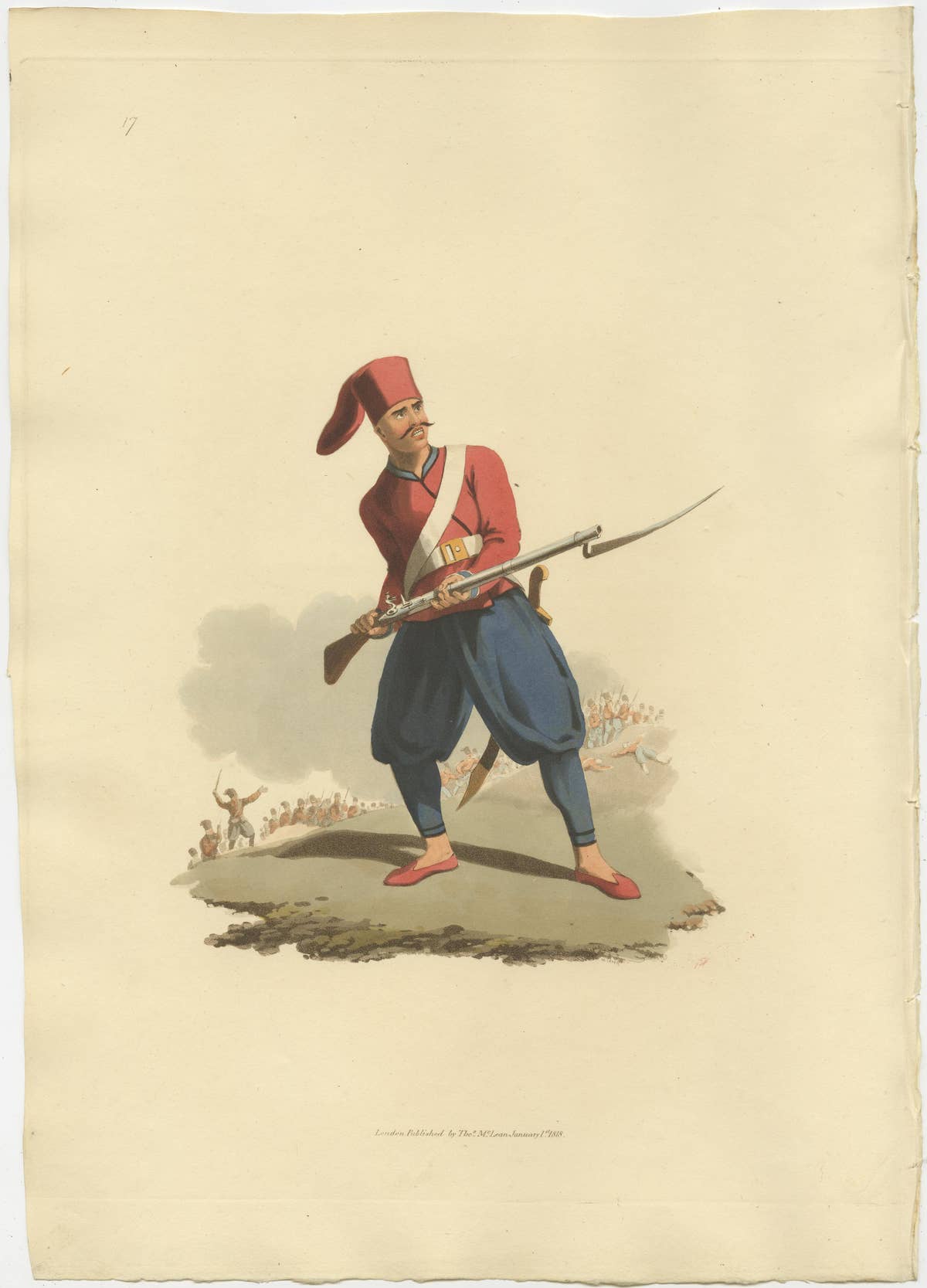 Antique Print of Turkish Soldier, Hand-Colored Aquatint, 1818, Folio