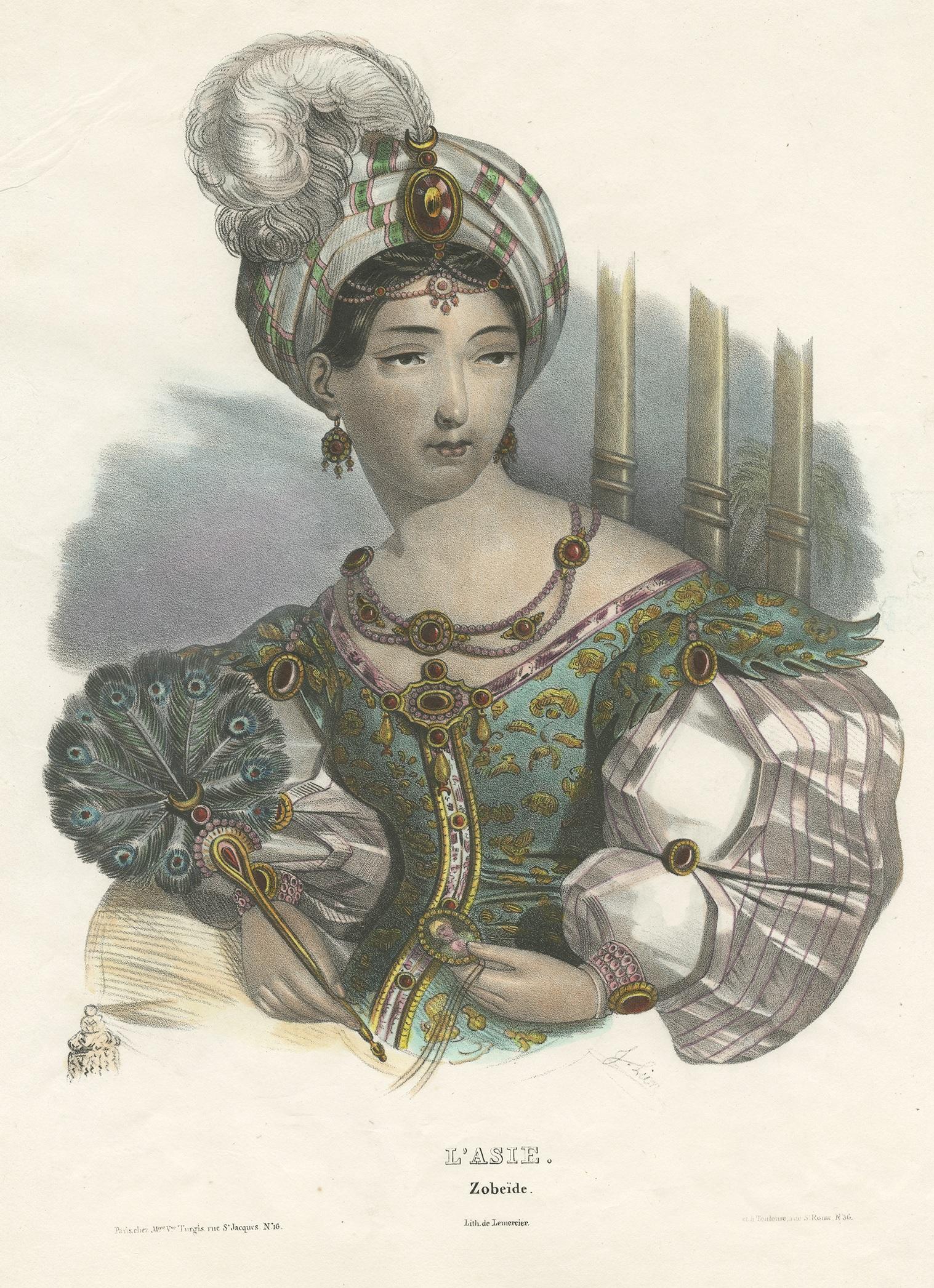 Antique print titled 'L'Asie - Zobeïde'. Beautiful lithograph of an Asian costume. Lithographed by Lemercier, circa 1840.