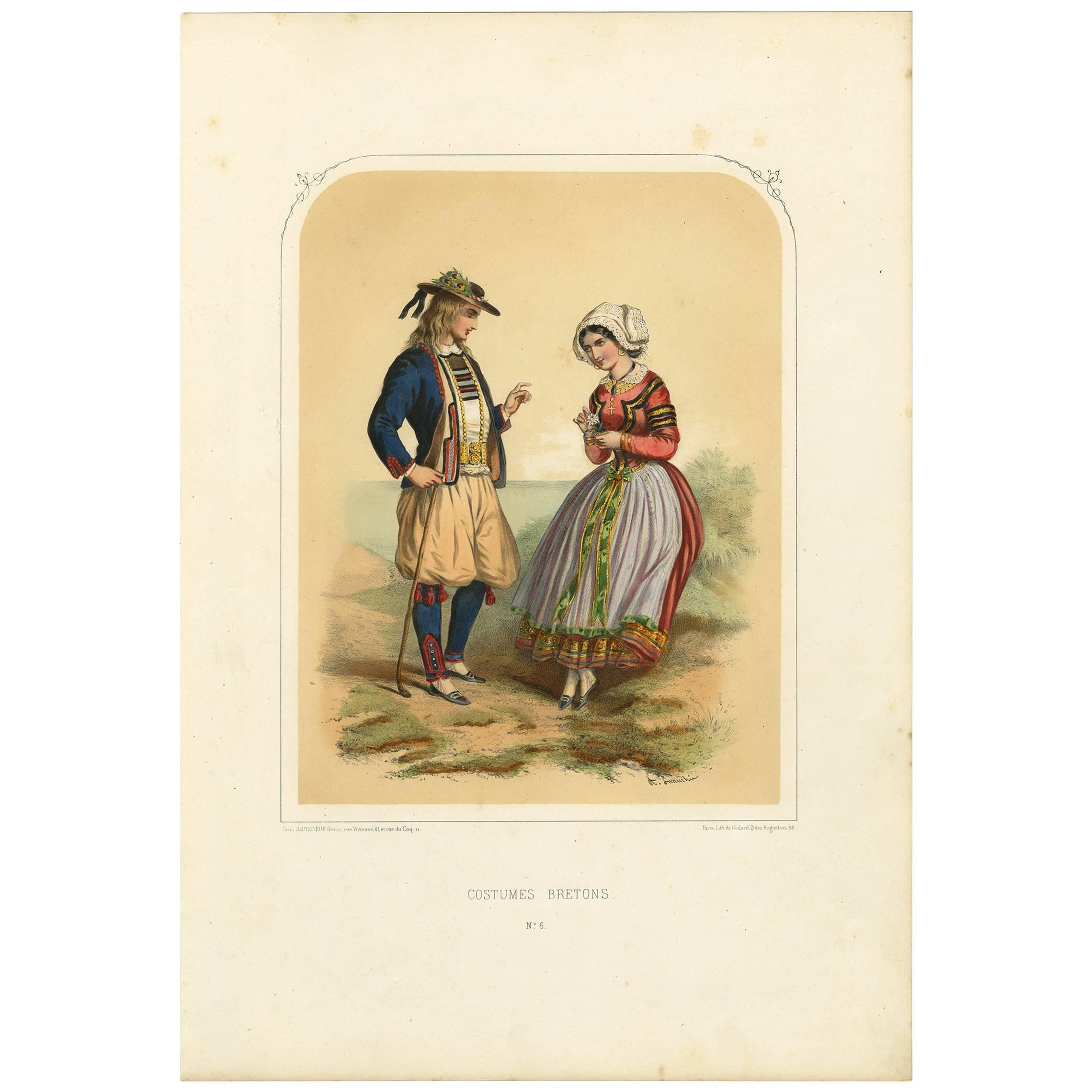 Ancienne estampe de costume de Bretagne « France » par A. Lacouchie, vers 1850