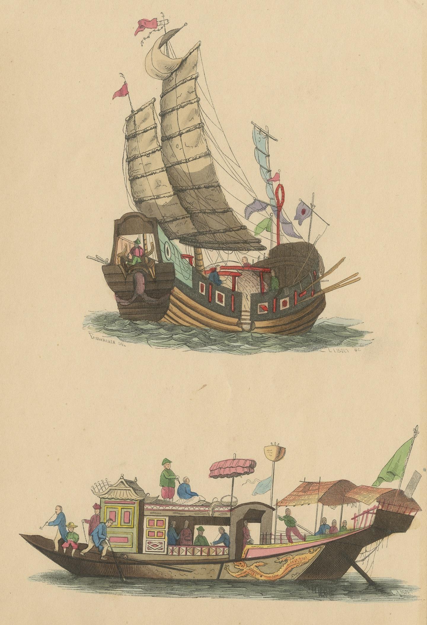 Antique Costume Print of Chinese Junks by Wahlen, ‘1843’ In Good Condition For Sale In Langweer, NL