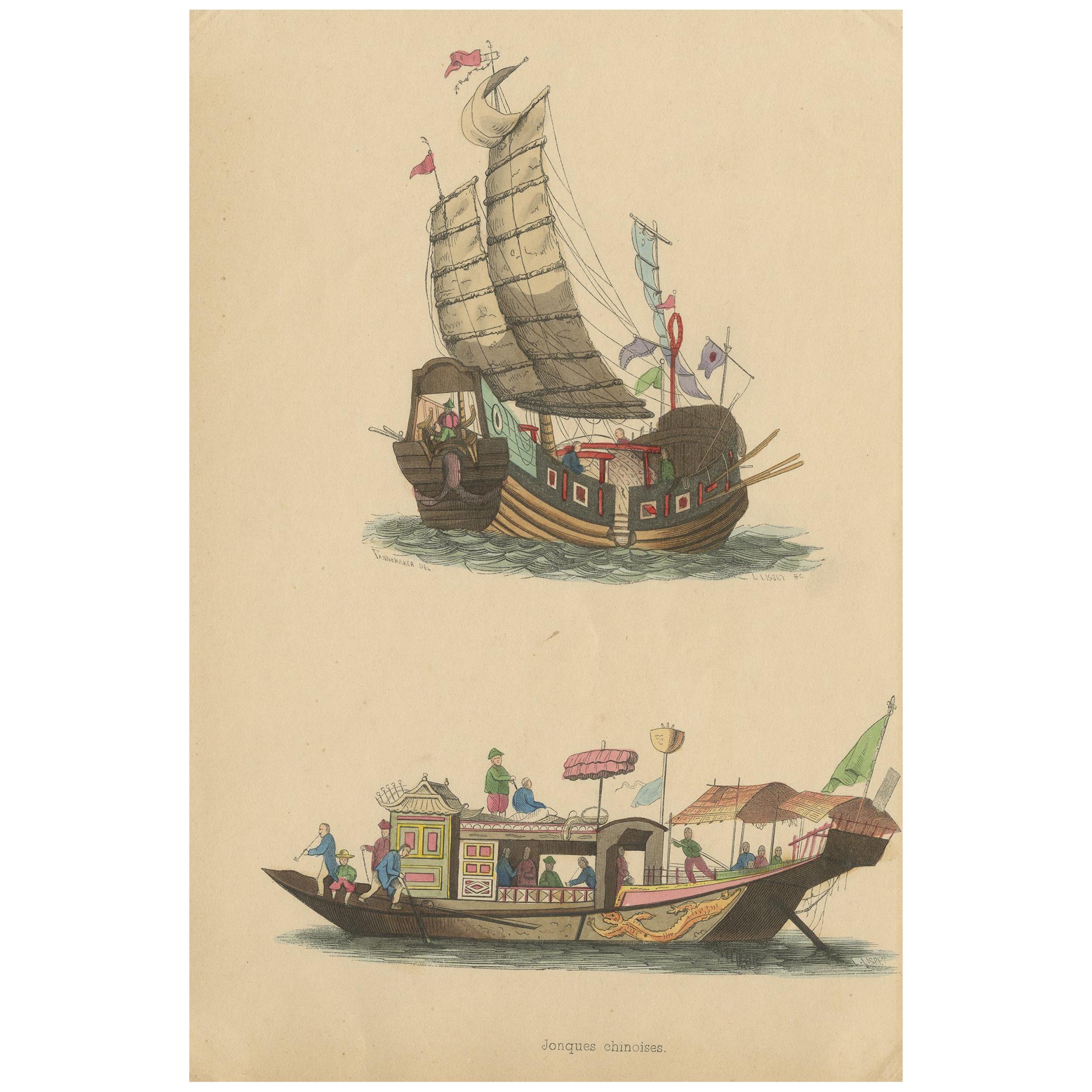 Antique Costume Print of Chinese Junks by Wahlen, ‘1843’ For Sale