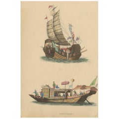 Antique Costume Print of Chinese Junks by Wahlen, ‘1843’