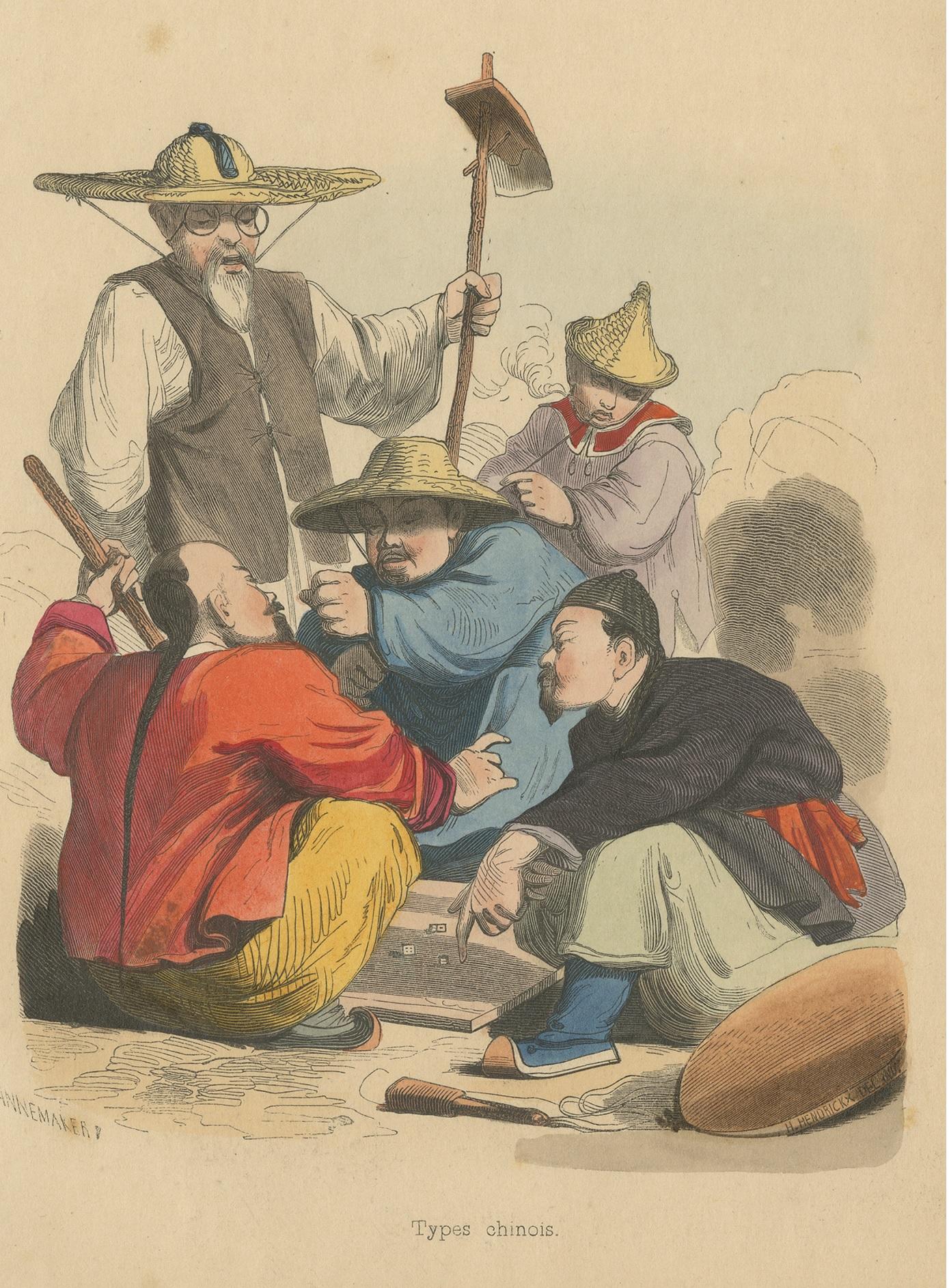 Antique costume print titled 'Types Chinois'. Original antique print of Chinese men playing a game of dice. This print originates from 'Moeurs, usages et costumes de tous les peuples du monde' by Auguste Wahlen.