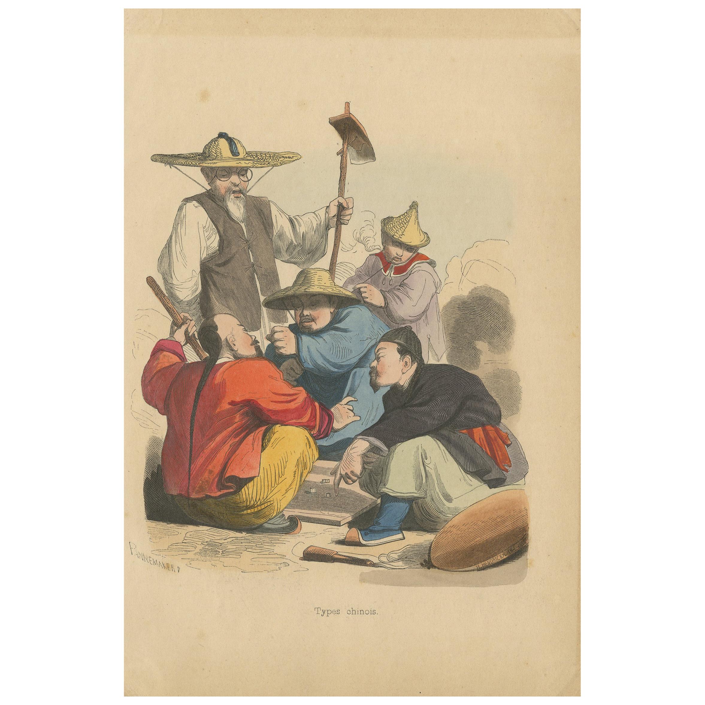Antique Costume Print of Chinese Men playing a Game of Dice by Wahlen, 1843 For Sale