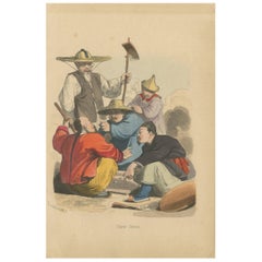 Impression ancienne d'hommes chinois jouant un jeu de dés par Wahlen:: 1843