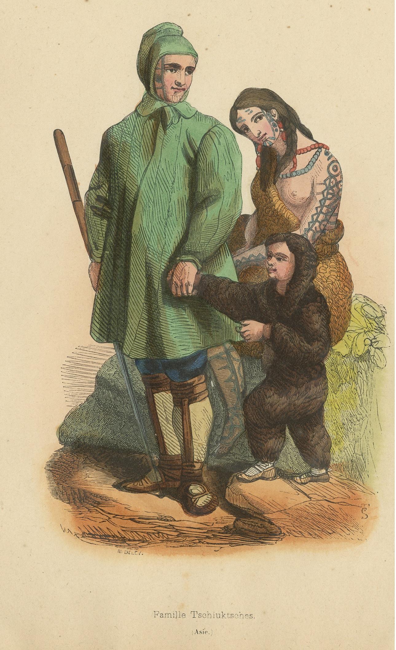 19th Century Antique Costume Print of Chuckchi People by Wahlen, 1843 For Sale