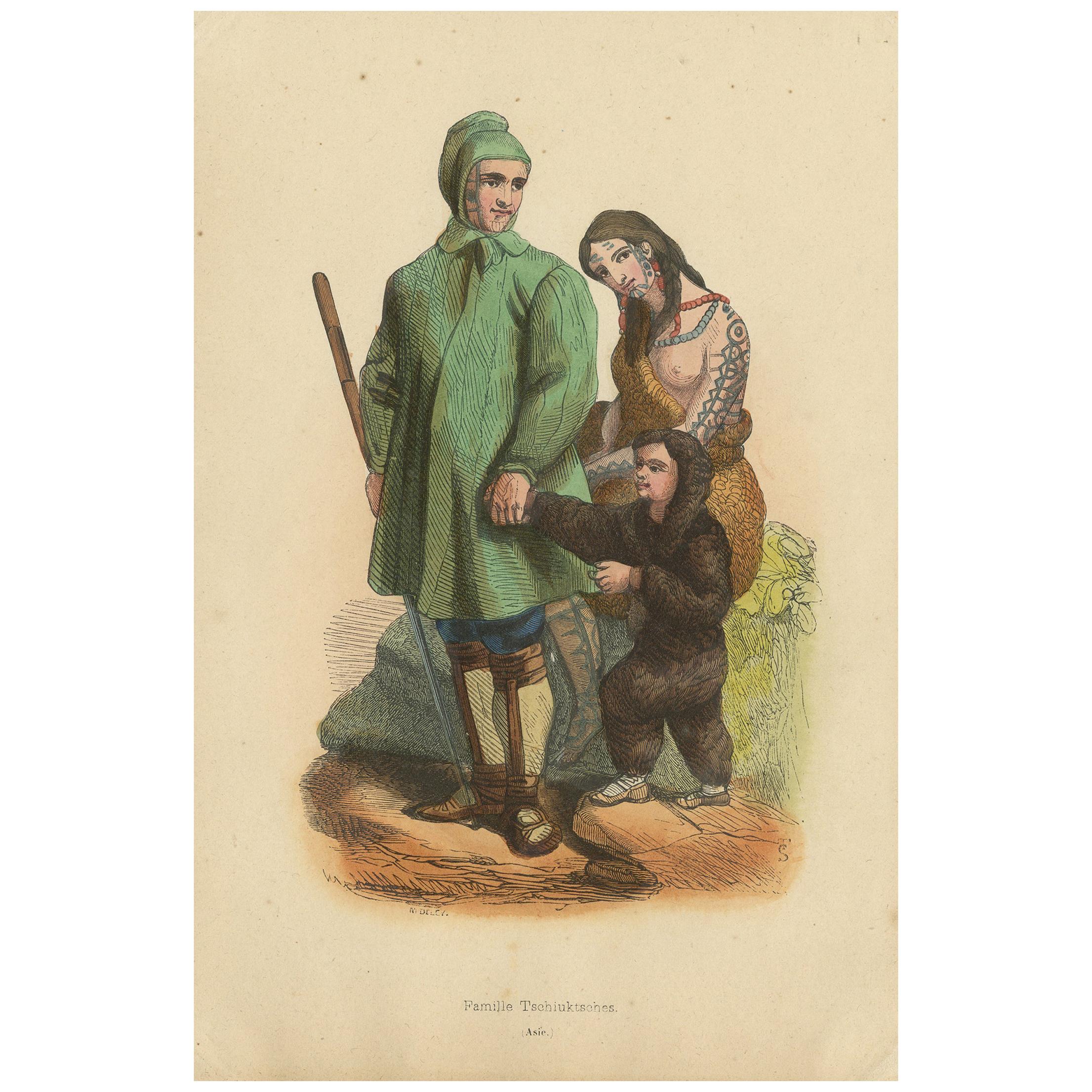 Antique Costume Print of Chuckchi People by Wahlen, 1843 For Sale