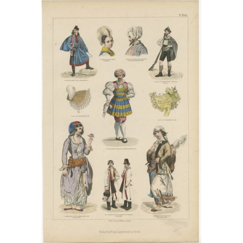 Antique costume print including many different costumes including costumes of Switzerland, Tyrol, Asia and others. This print originates from 'Blätter fürcostumekunde. Historical and folk costumes based on authentic sources. Engraved in steel by