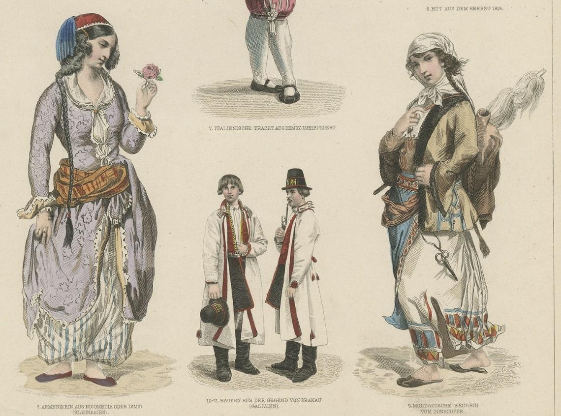 Antiker Kostümdruck von Kostümen aus der Schweiz, Tirol, Asien und anderen Ländern, um 1875 (Papier) im Angebot