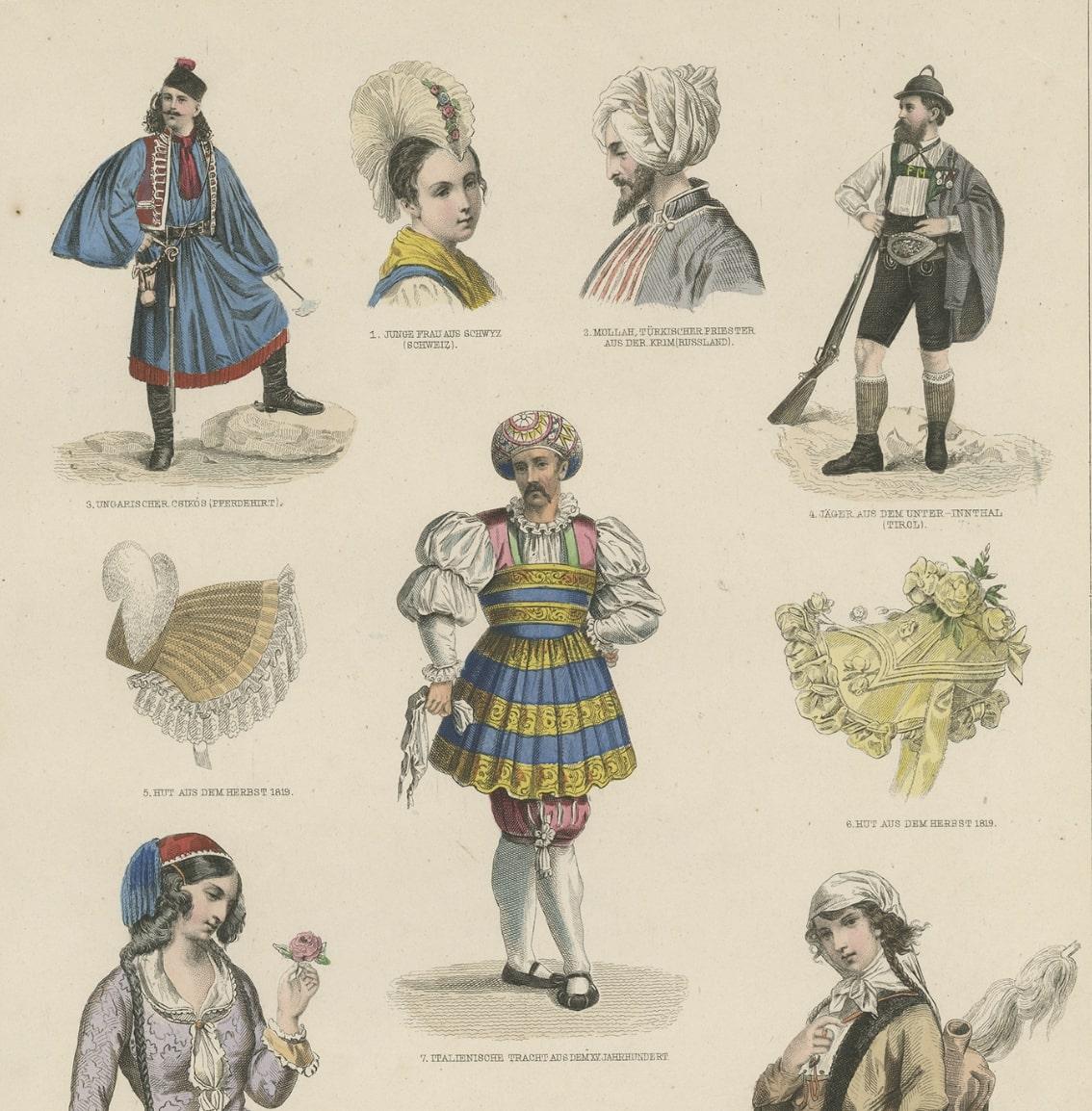 Antiker Kostümdruck von Kostümen aus der Schweiz, Tirol, Asien und anderen Ländern, um 1875 im Angebot 1