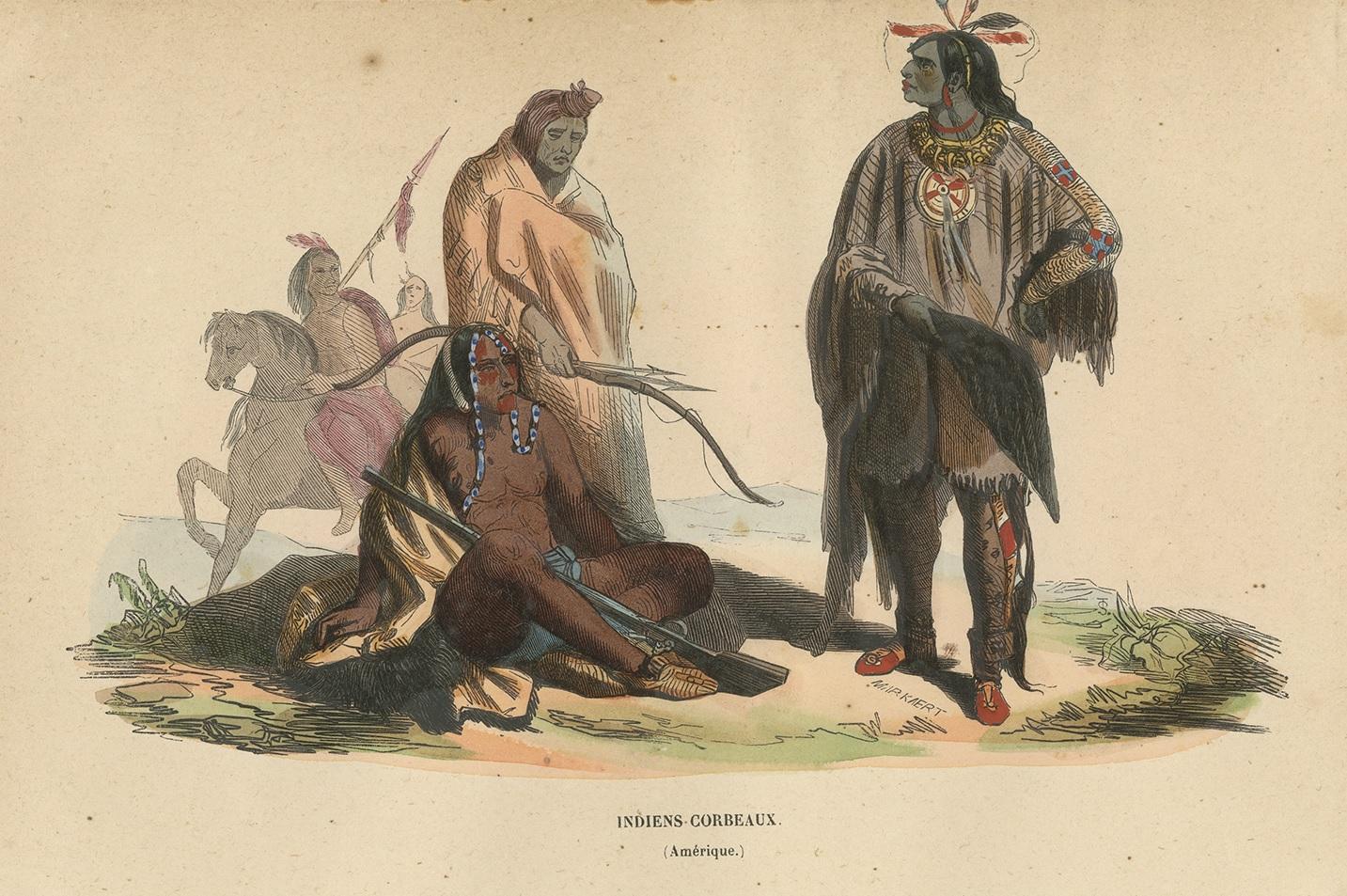 Antique costume print titled 'Indiens-Corbeaux'. Original antique print of Crow Indians. This print originates from 'Moeurs, usages et costumes de tous les peuples du monde' by Auguste Wahlen.
