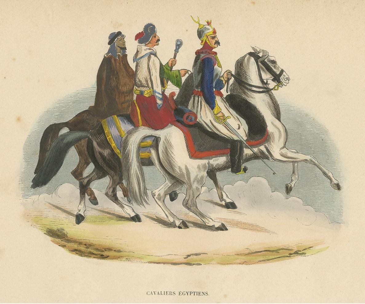 Antique costume print titled 'Cavaliers Egyptiens'. Original antique print of Egyptian horsemen. This print originates from 'Moeurs, usages et costumes de tous les peuples du monde' by Auguste Wahlen.