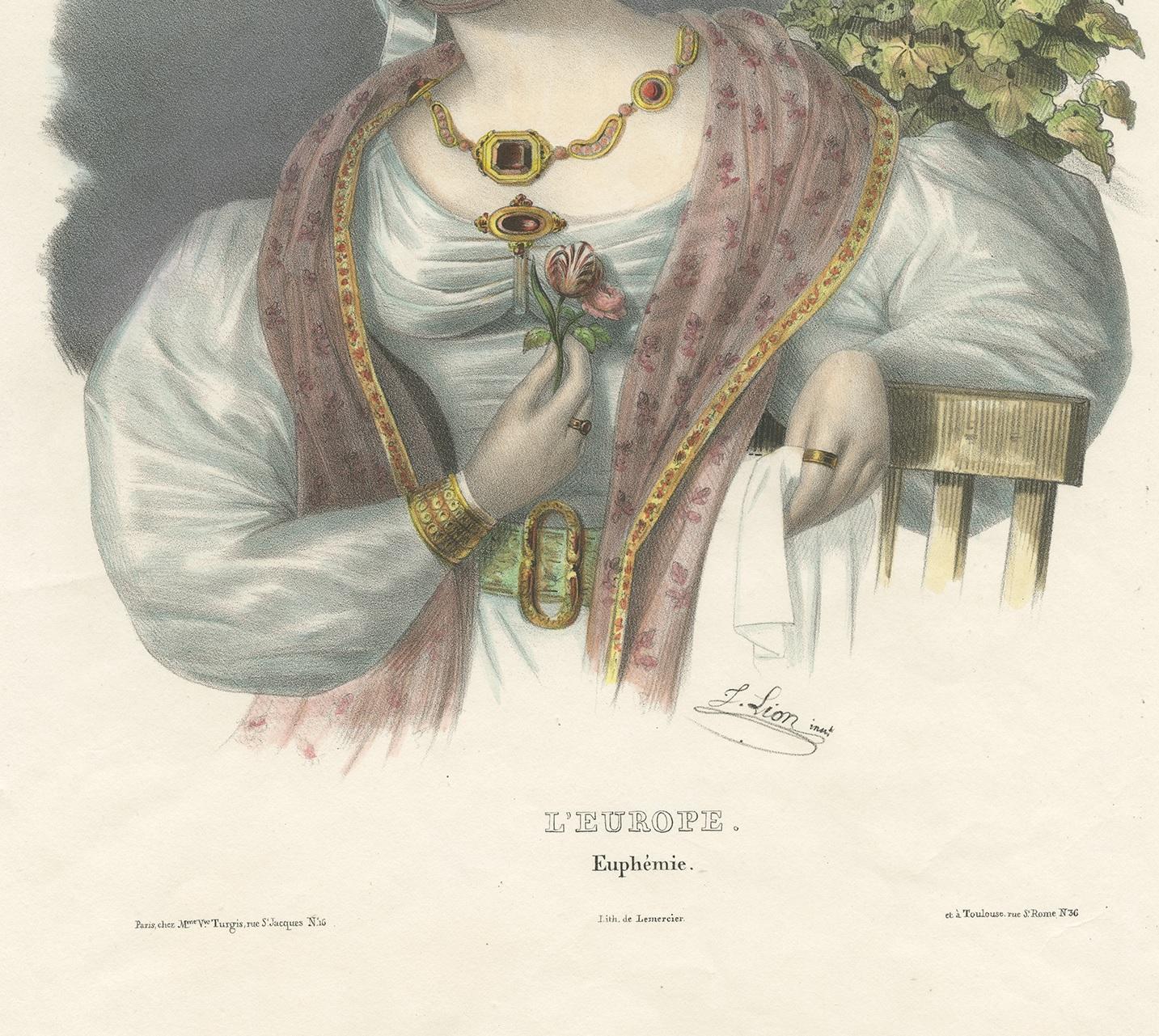 19th Century Antique Costume Print of Europe by Lemercier, circa 1840 For Sale