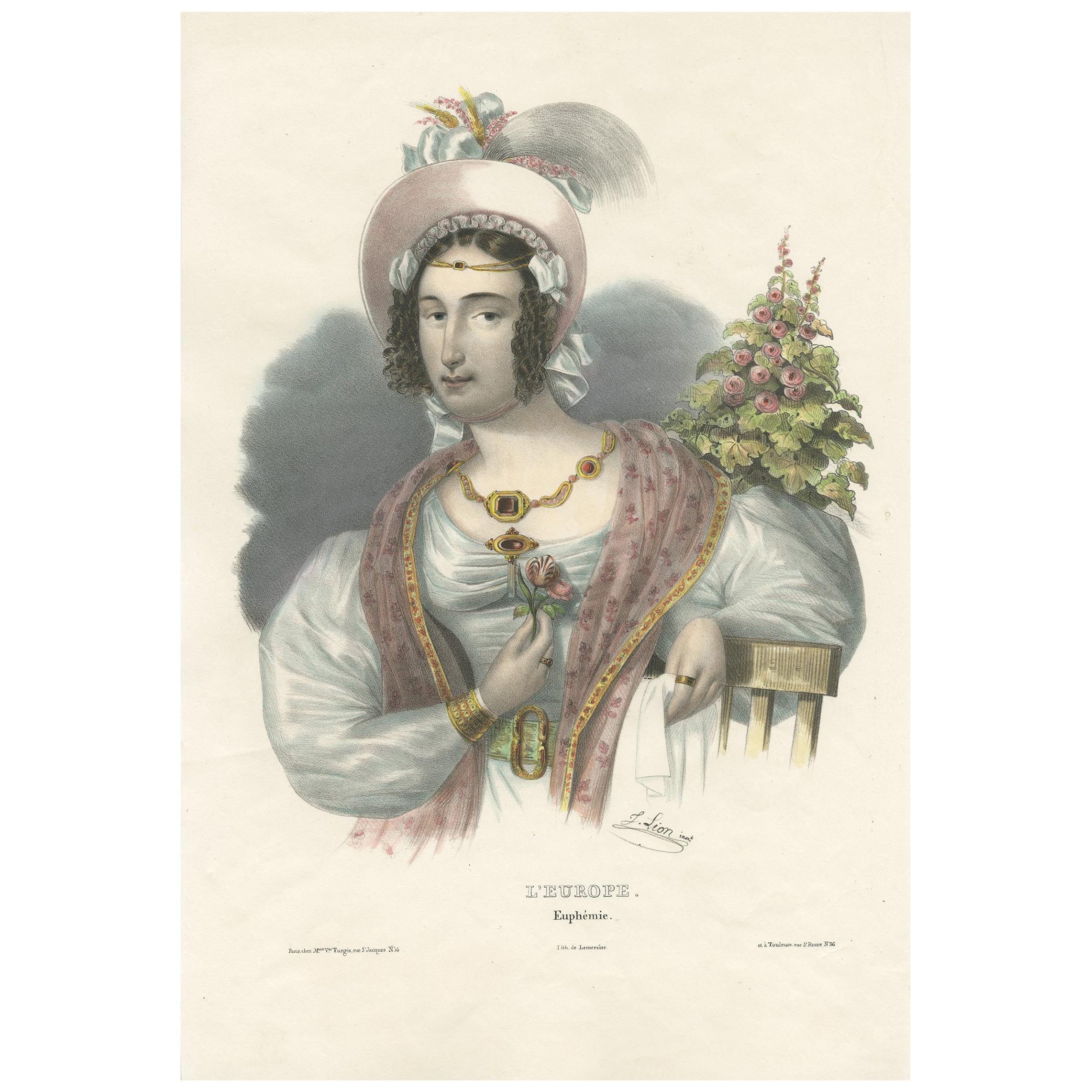 Antique Costume Print of Europe by Lemercier, circa 1840 For Sale