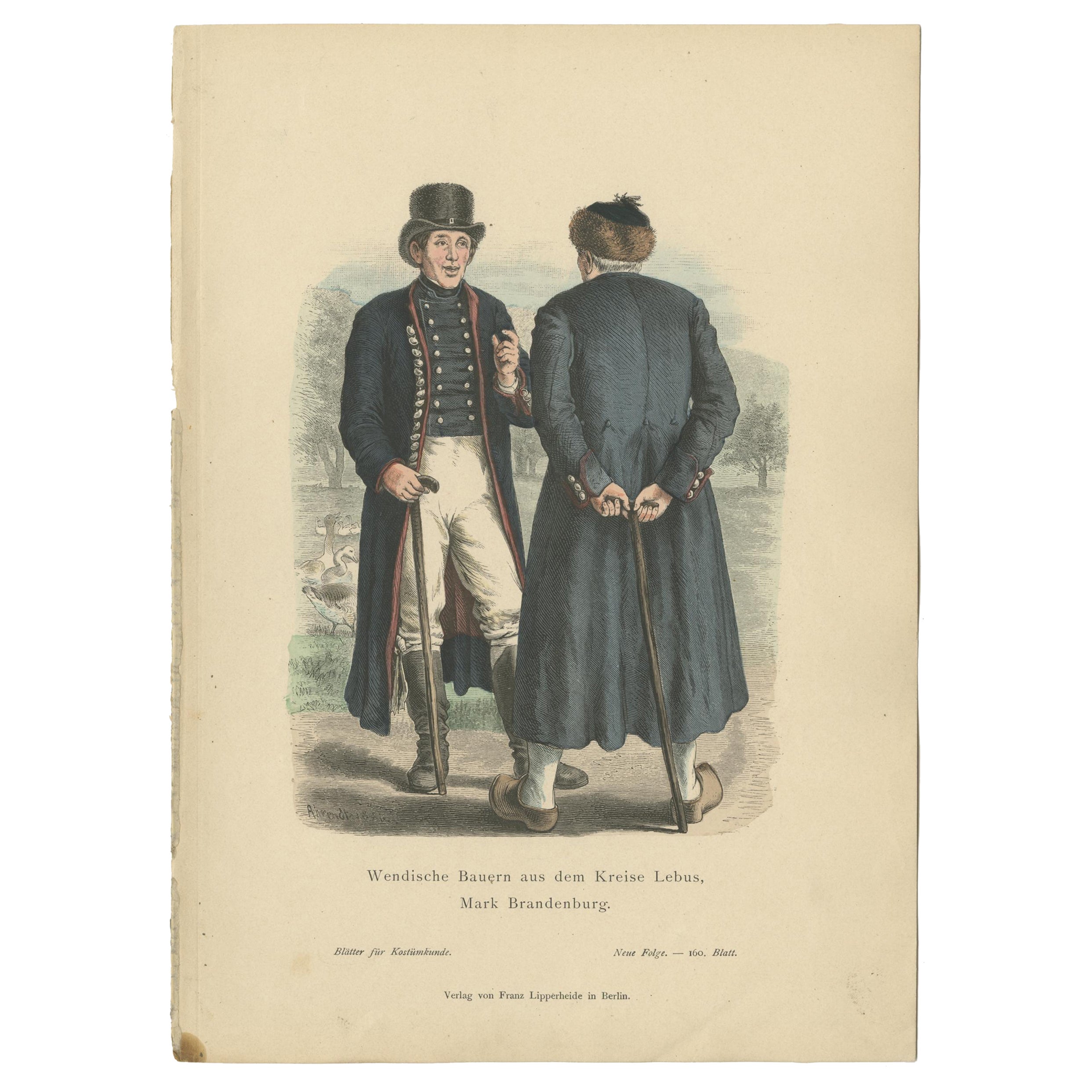 Antiker antiker Kostümdruck von Bauern aus der Region Lebus, Polen, um 1880