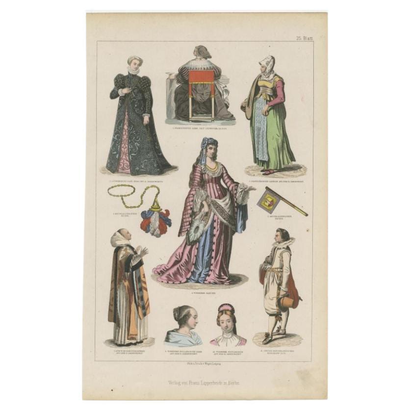 Antique Costume Print of France, the Middle Ages, Portugal and Others For Sale