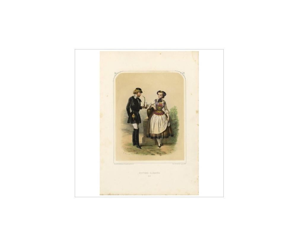Antique print titled 'Costumes Allemands'. This print originates from ‘Les Nations. Album des Costumes de Tous les Pays’ by A. Lacouchie. Published in Paris, circa 1850.