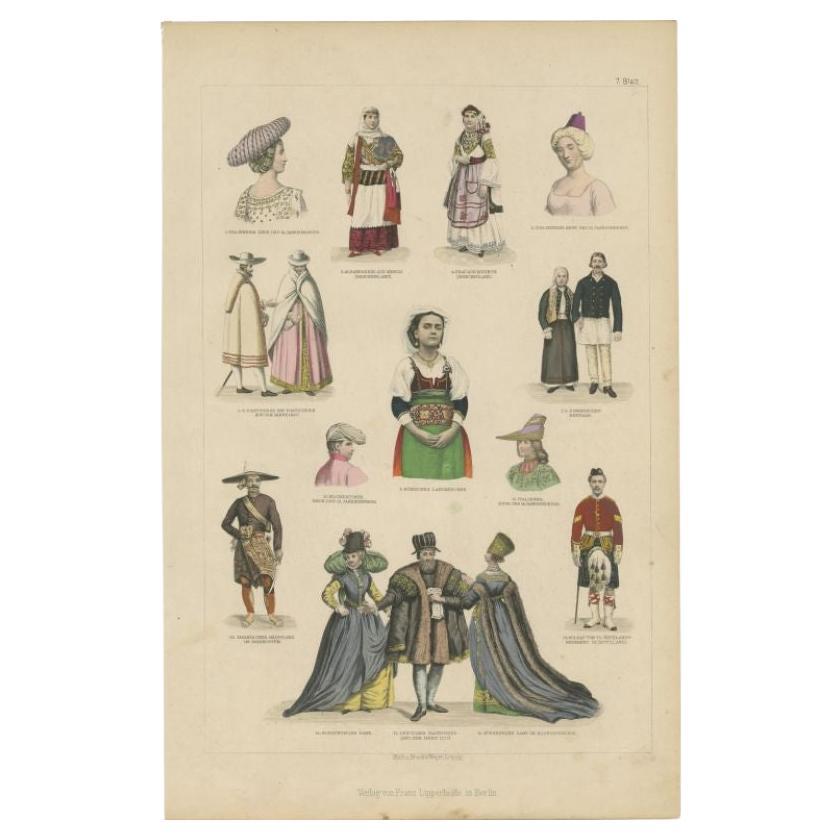 Antiker Kostümdruck von Griechenland, Java, Schottland und anderen Ländern, um 1875