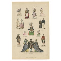 Grabado antiguo de trajes de Grecia, Java, Escocia y otros, C.1875