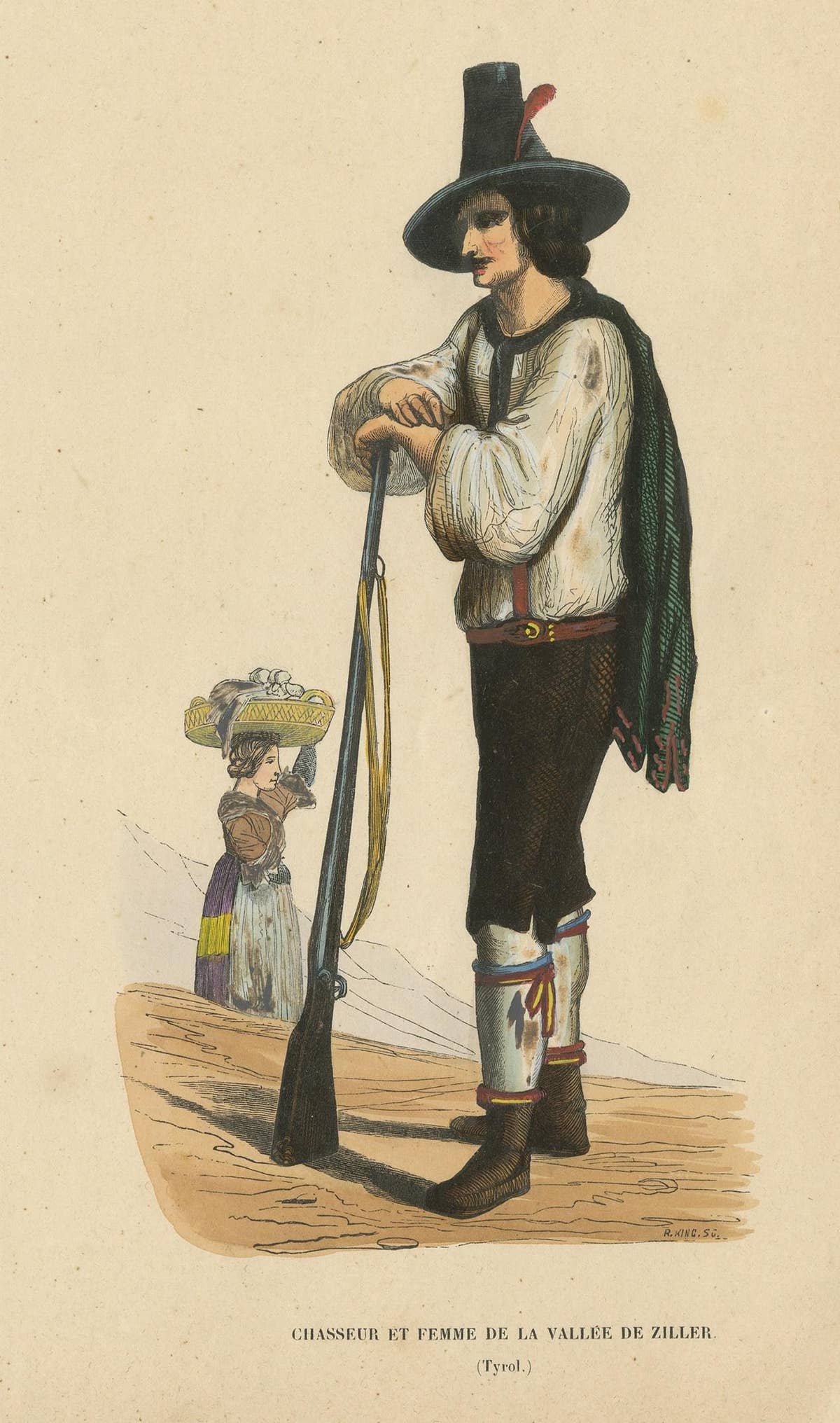 Antique Costume Print of Hunter in the Ziller Valley by Wahlen '1843'