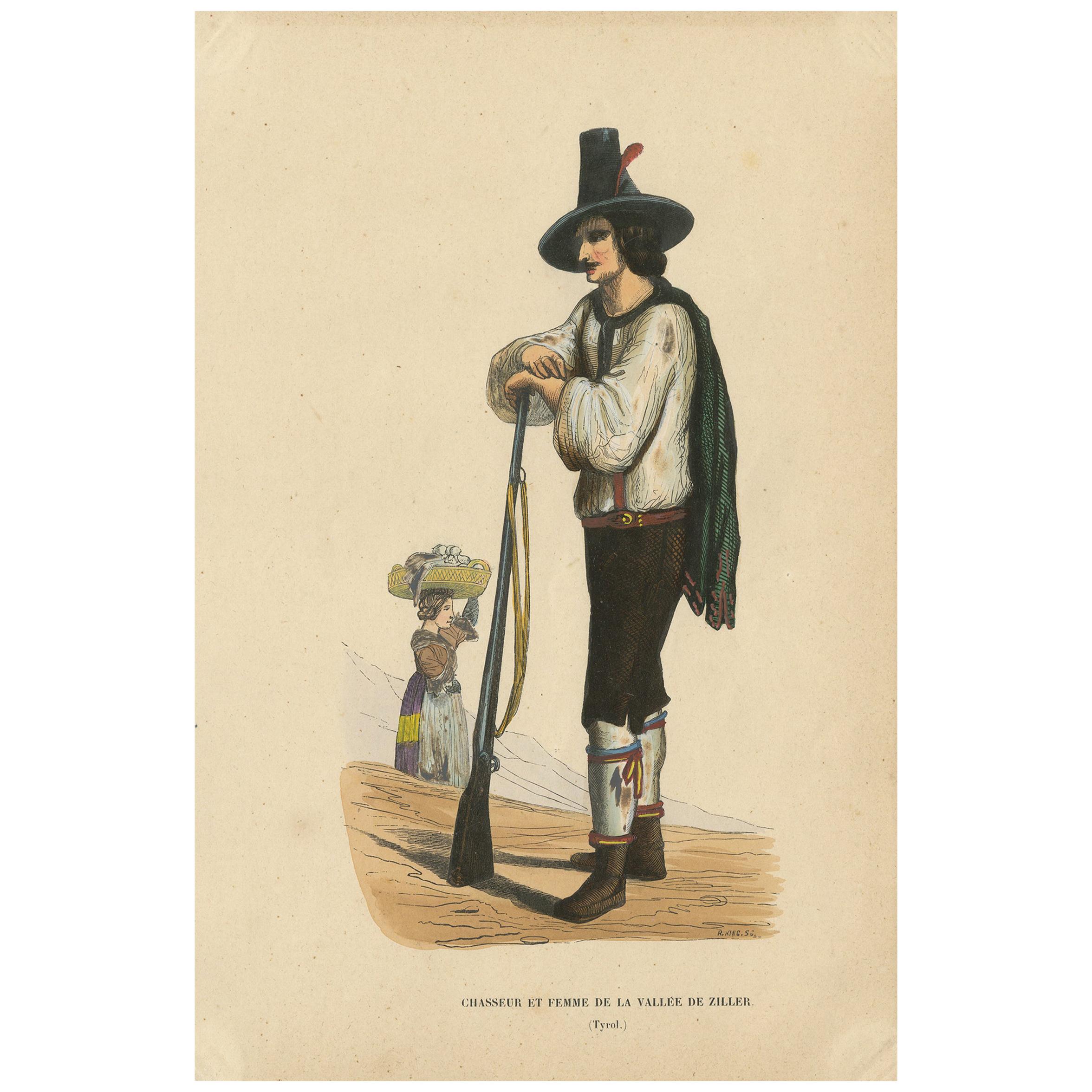 Antique Costume Print of Hunter in the Ziller Valley by Wahlen '1843' For Sale