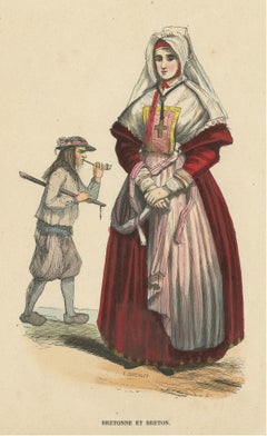 Stampa antica in costume di Abitanti della Bretagna di Wahlen, 1843