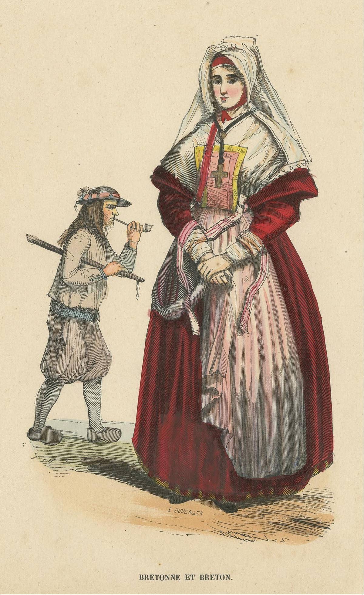 Antique Costume Print of Inhabitants of Brittany by Wahlen, 1843