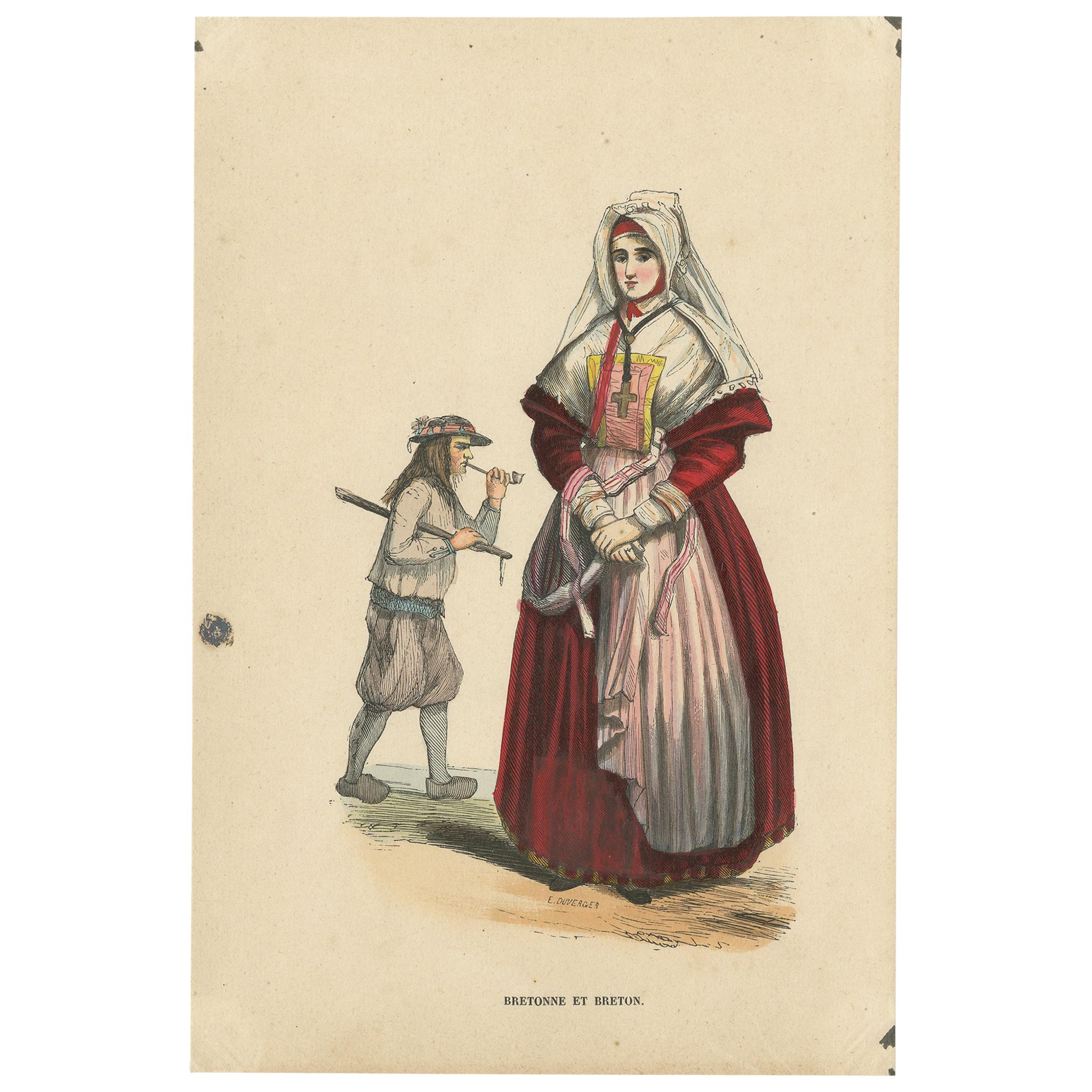 Antique Costume Print of Inhabitants of Brittany by Wahlen, 1843 For Sale
