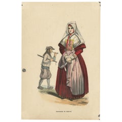 Antique Costume Print of Inhabitants of Brittany by Wahlen, 1843