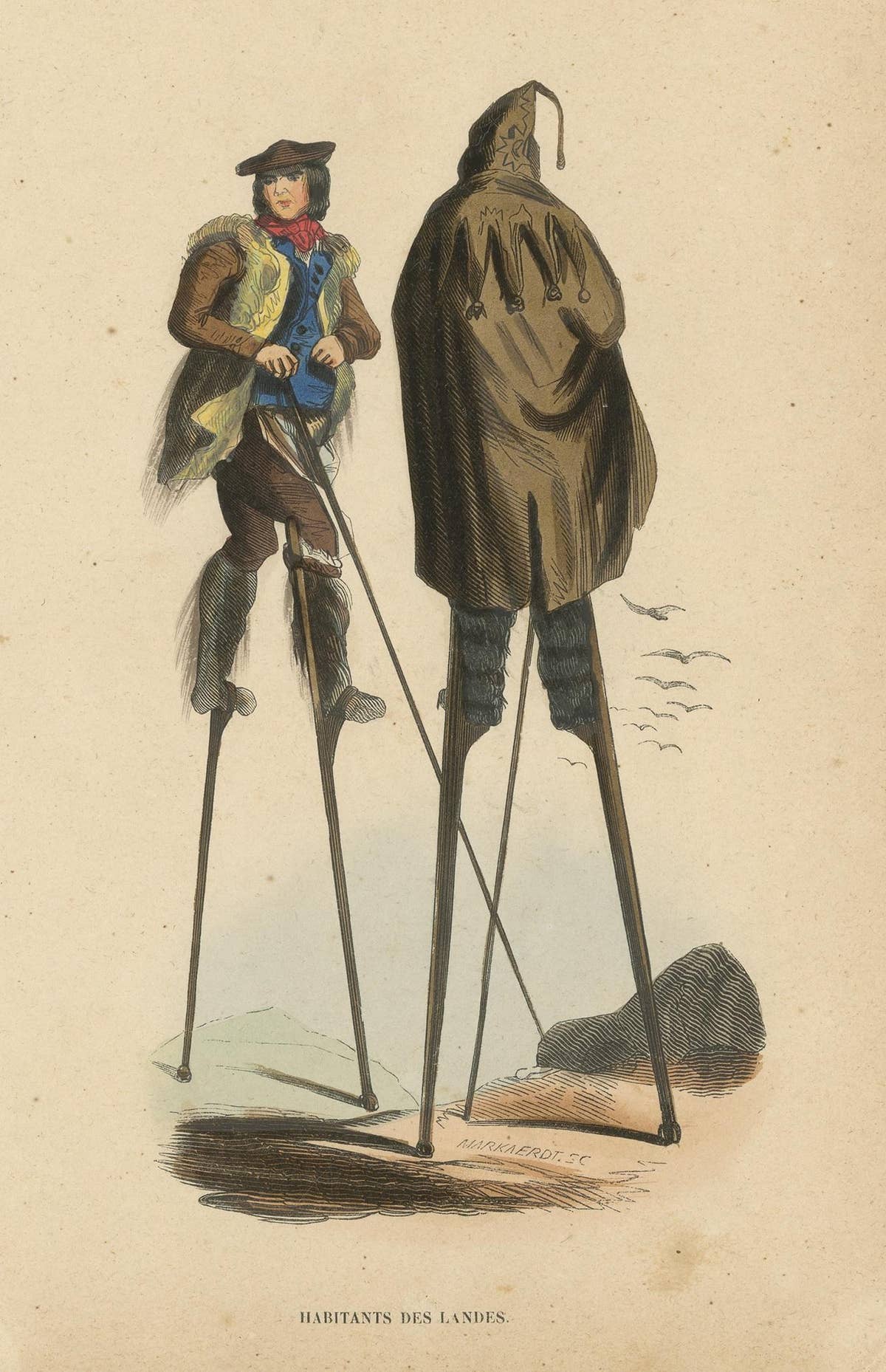 Antique Costume Print of Inhabitants of Landes by Wahlen, 1843