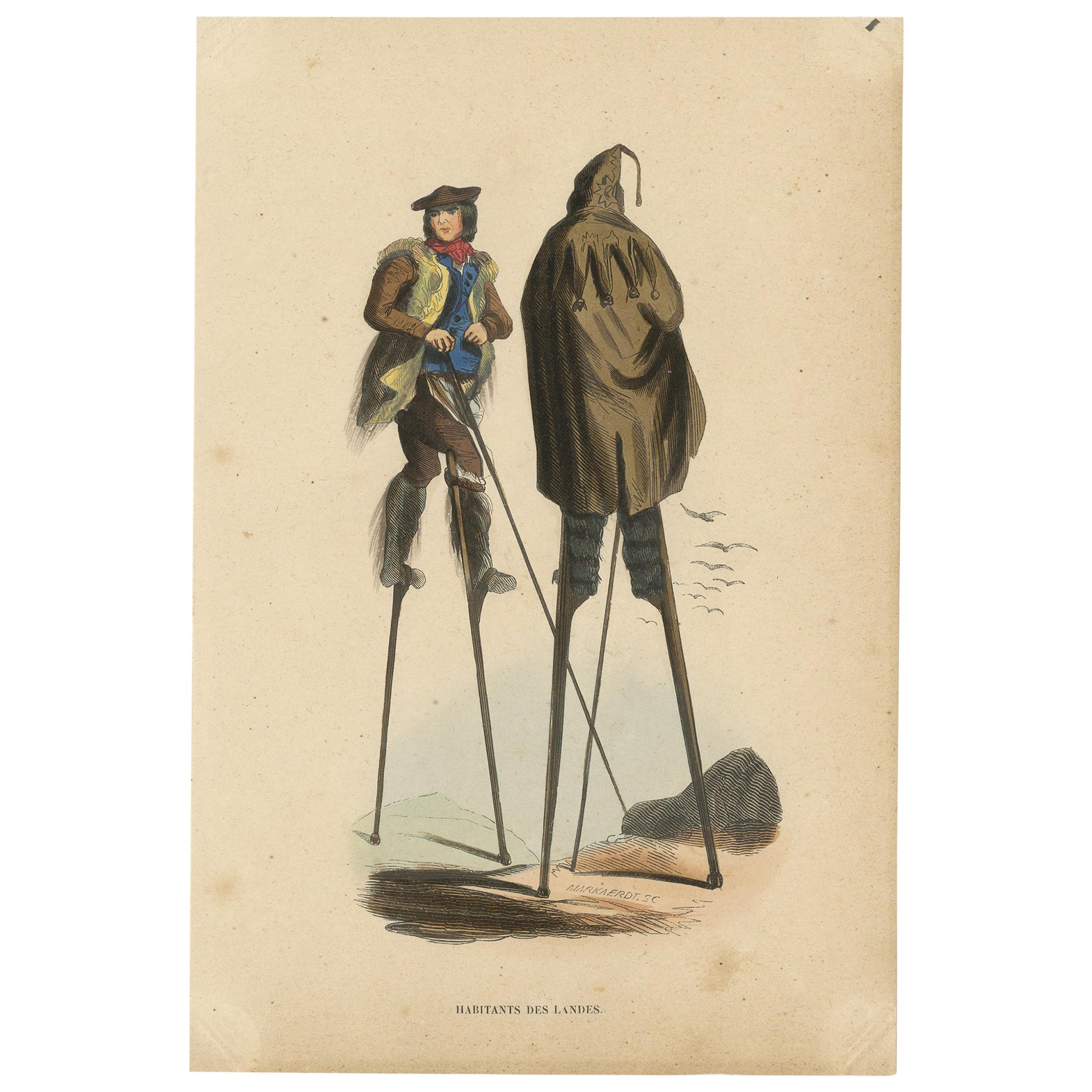 Antique Costume Print of Inhabitants of Landes by Wahlen, 1843 For Sale