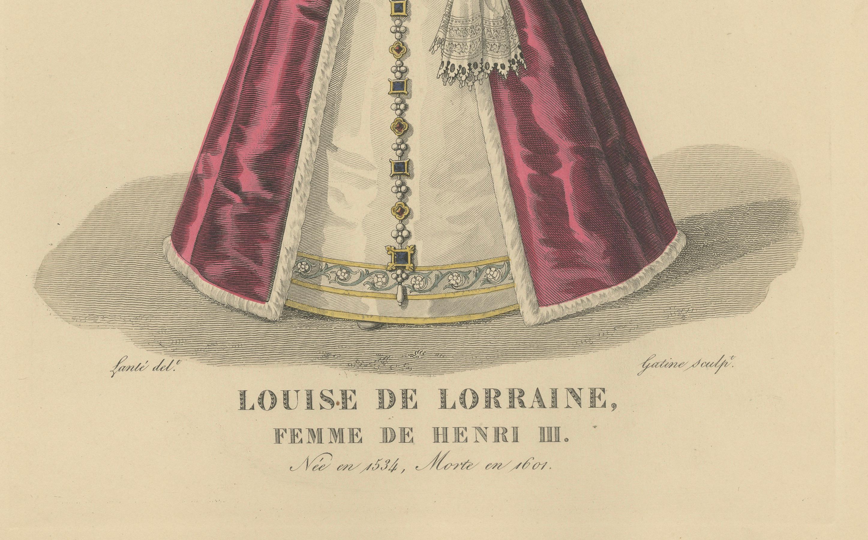 Antique Costume Print of Louise de Lorraine, Queen of France, 1900
