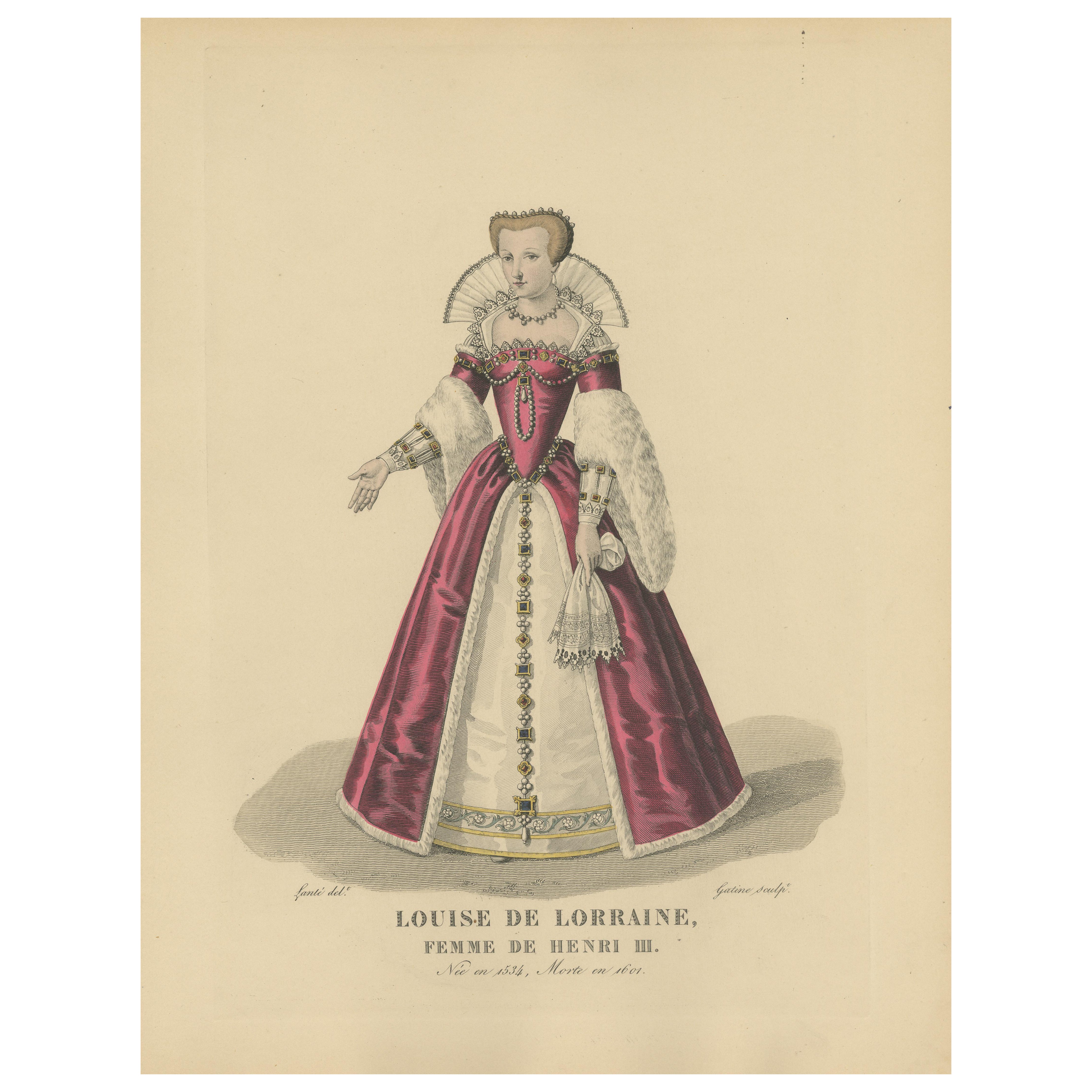 Stampa antica in costume di Louise de Lorraine, regina di Francia, 1900