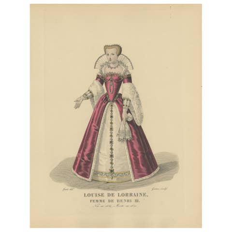 Antique Costume Print of Louise de Lorraine, Queen of France, 1900