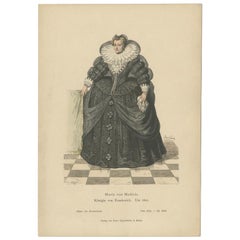 Antique Costume Print of Marie de' Medici, Queen of France, c.1880