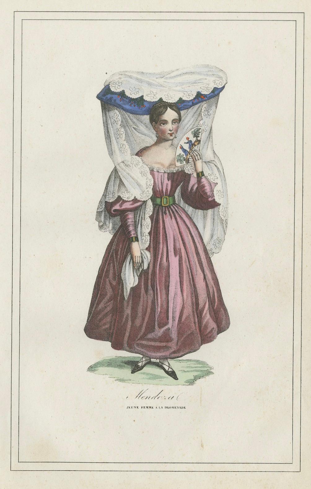 19th Century Antique Costume Print of Mendoza – Young Woman in Traditional Dress, 1854 For Sale