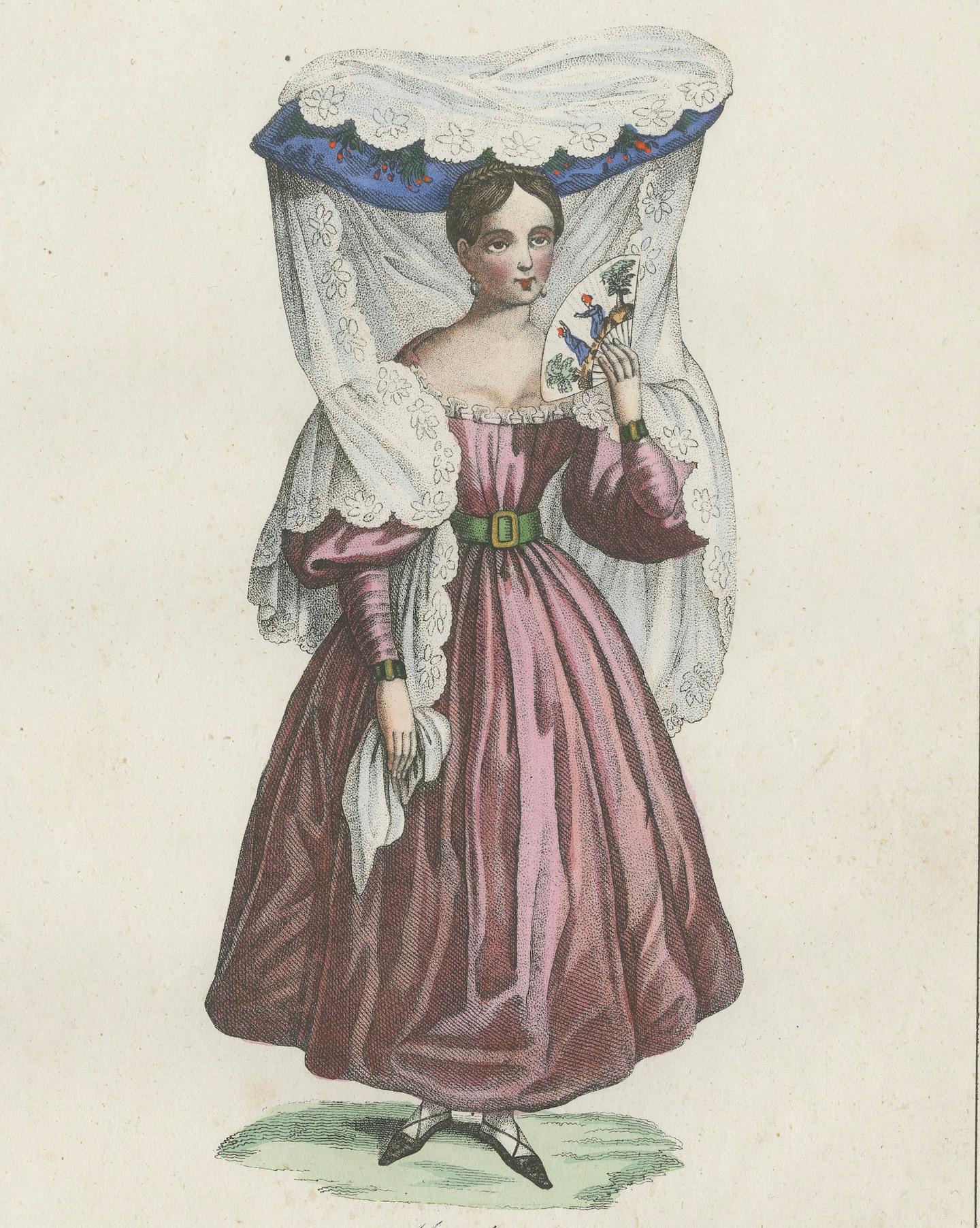Paper Antique Costume Print of Mendoza – Young Woman in Traditional Dress, 1854 For Sale