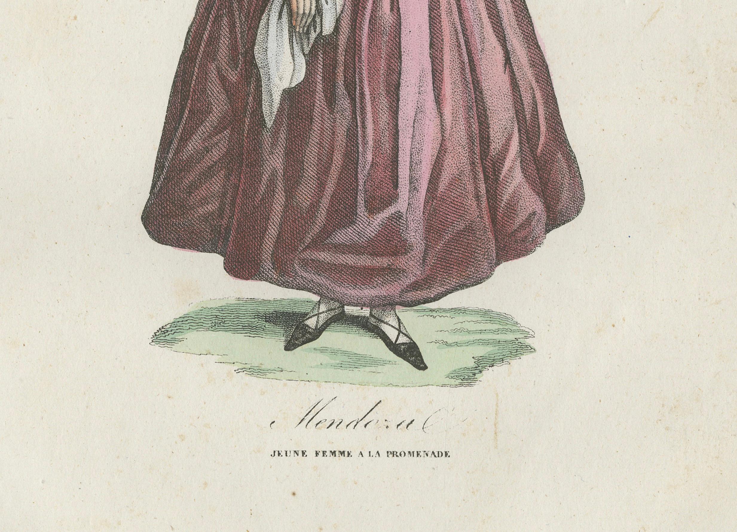 Antique Costume Print of Mendoza – Young Woman in Traditional Dress, 1854 For Sale 1