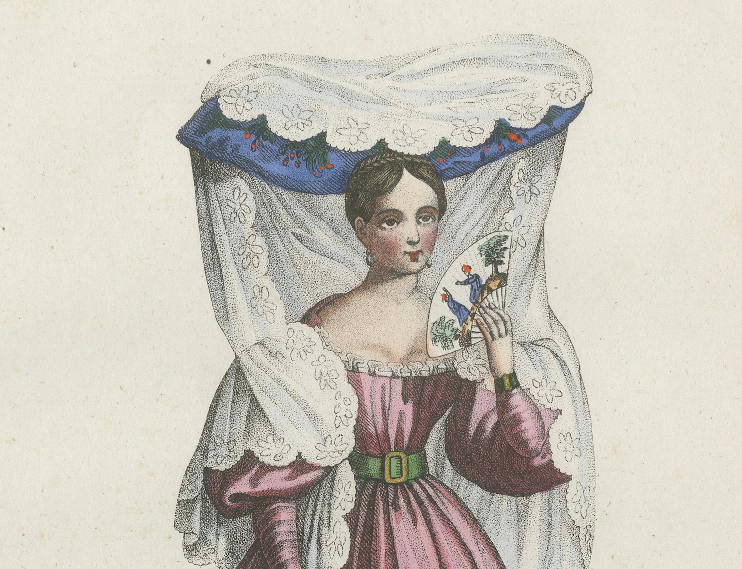 Antique Costume Print of Mendoza – Young Woman in Traditional Dress, 1854 For Sale 2