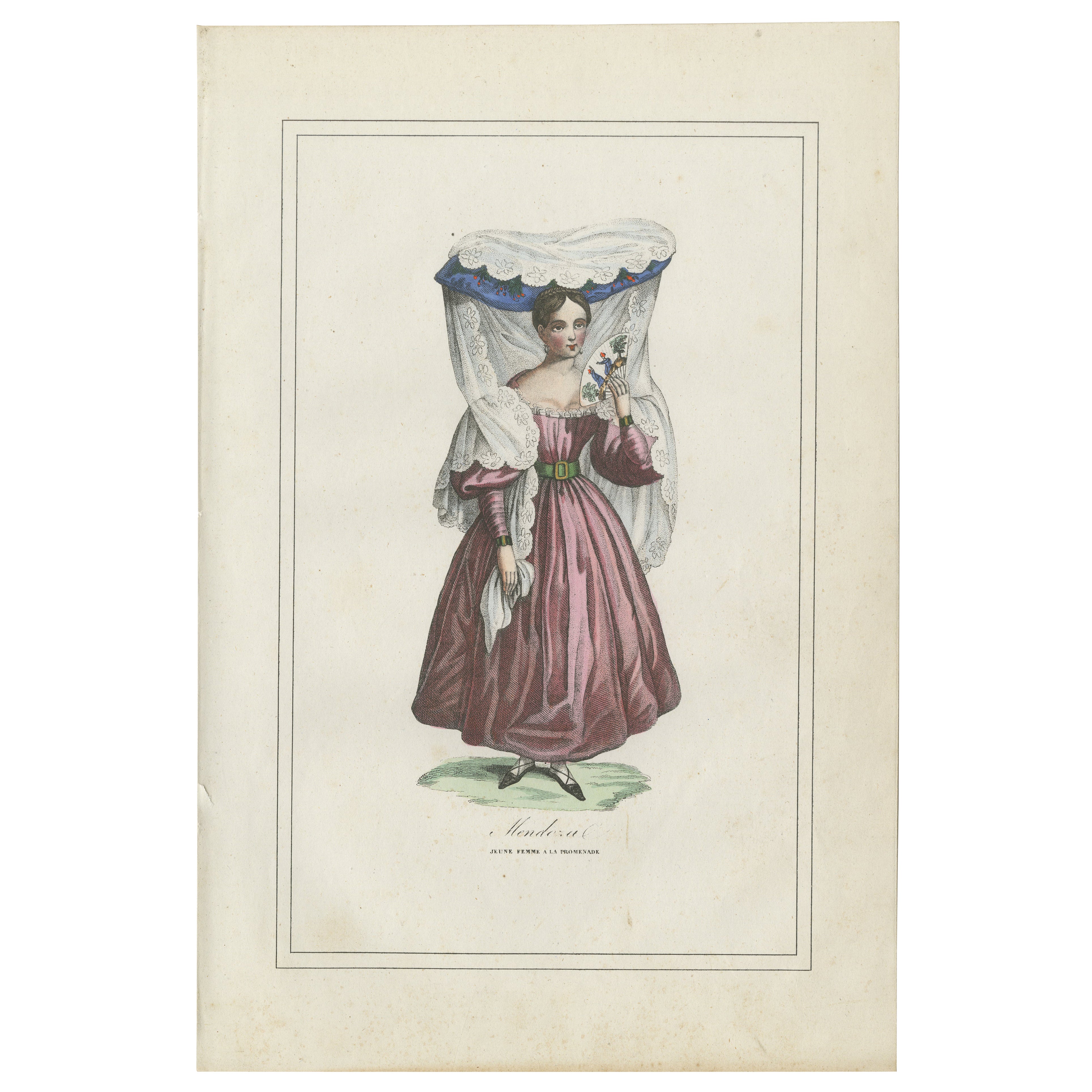 Gravure ancienne de Mendoza - Jeune femme en costume traditionnel, 1854 en vente