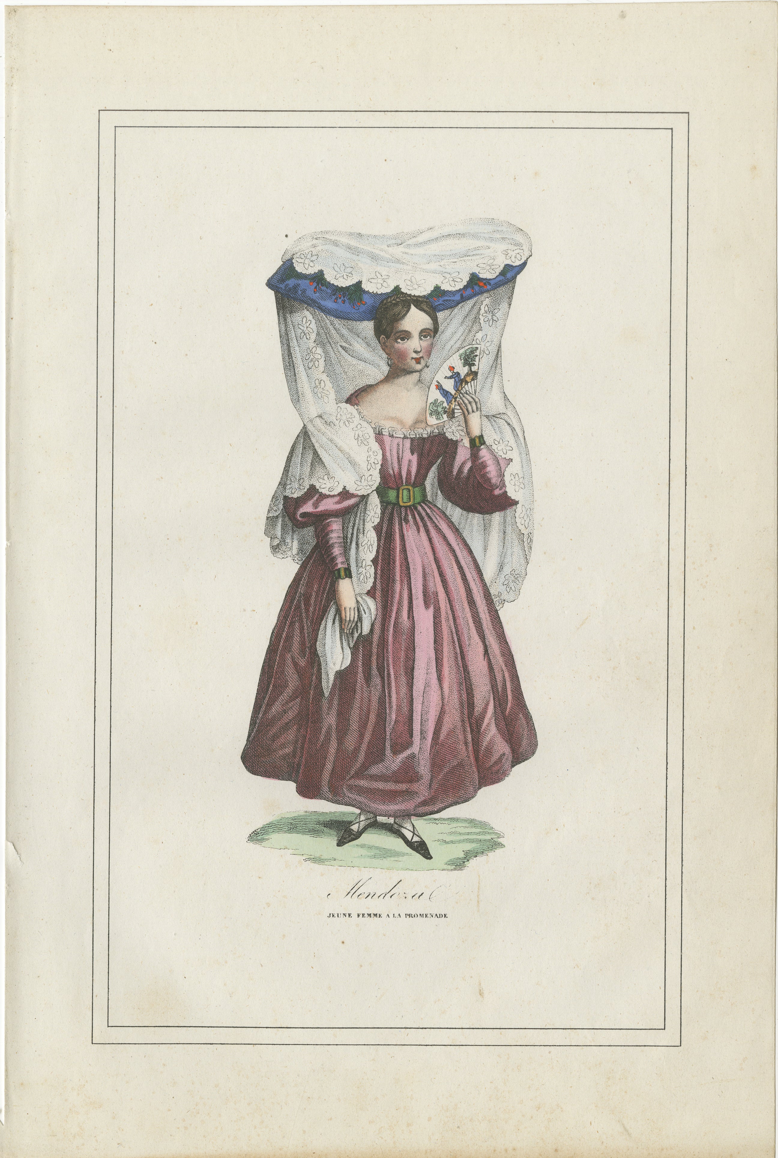 Antique Costume Print of Mendoza – Young Woman in Traditional Dress, 1854
