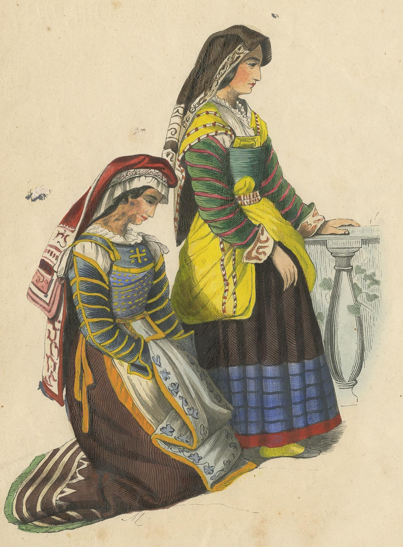 Antique costume print titled 'Femmes de Miranda'. Original antique print of Miranda women. This print originates from 'Moeurs, usages et costumes de tous les peuples du monde' by Auguste Wahlen.