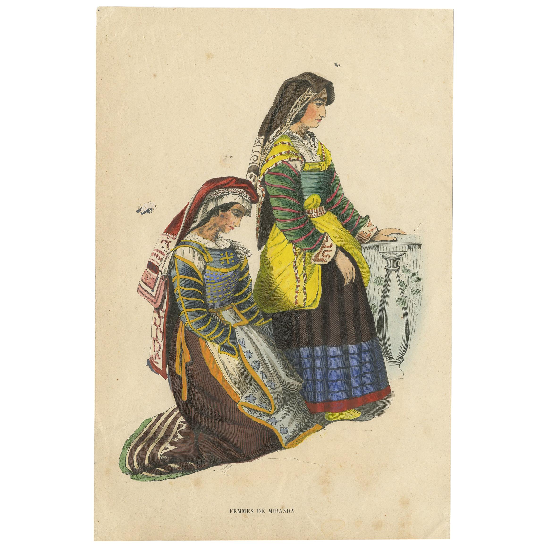 Antique Costume Print of Miranda Women by Wahlen, 1843 For Sale