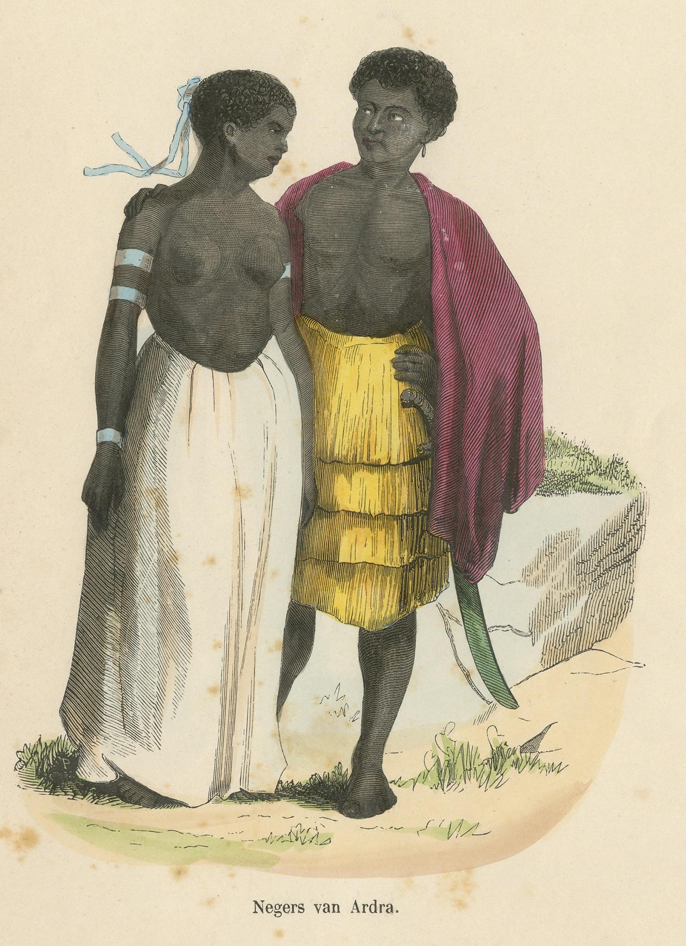 Antique Costume Print of Natives of Ardra by Wahlen, 1843 In Good Condition For Sale In Langweer, NL
