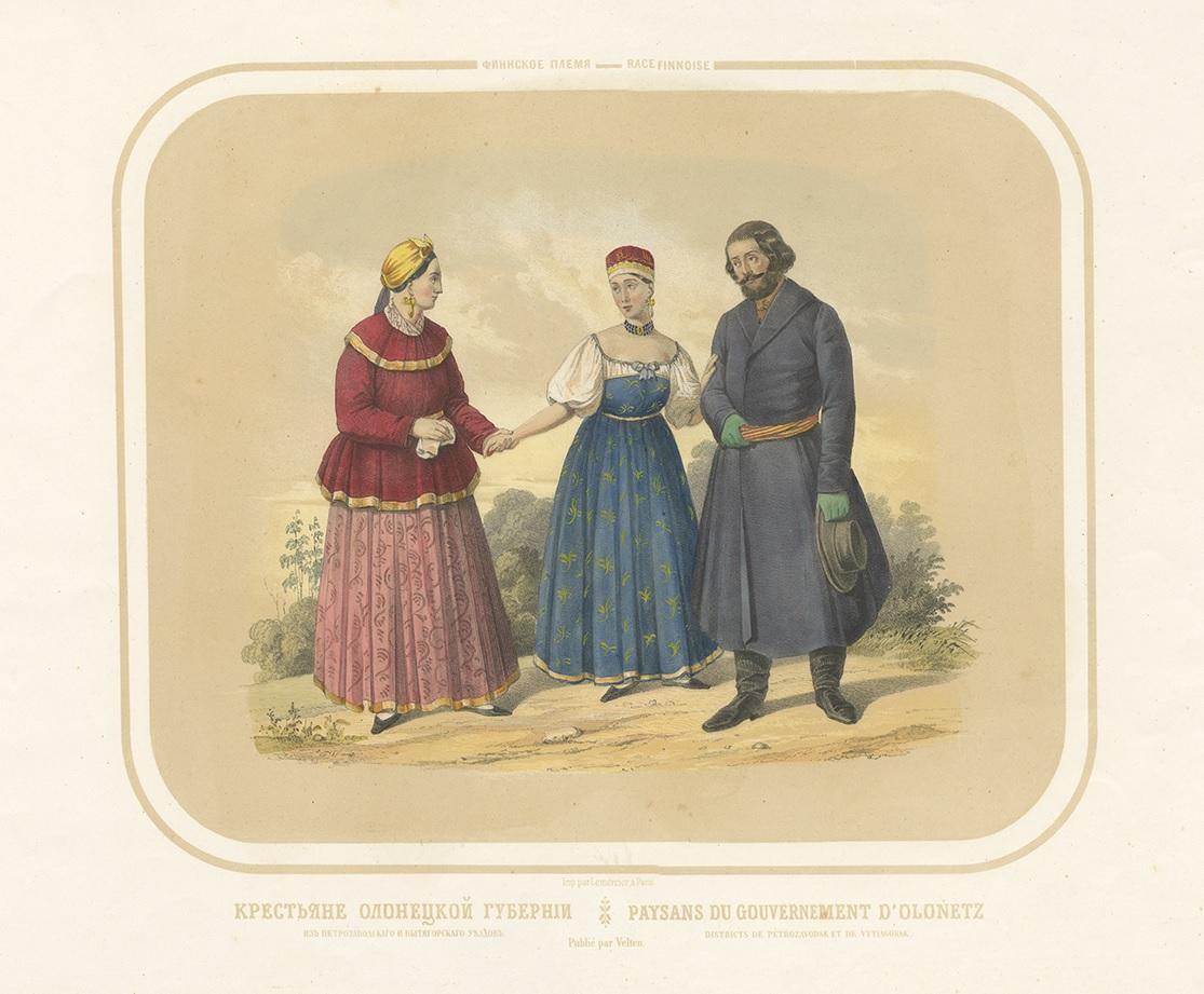 Antique print titled 'Paysans dy Gouvernement d'Olonetz'. Lithograph of peasants from Olonets, Russia. Lithograph printed by Lemercier in Paris and published by Velten, circa 1860.
