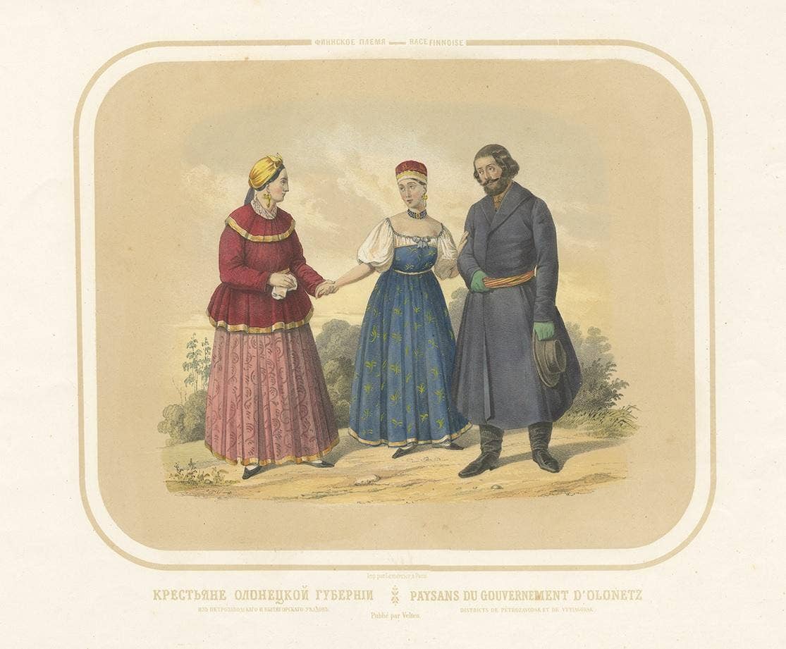 Antique Costume Print of Peasants from Olonets in Russia, circa 1860