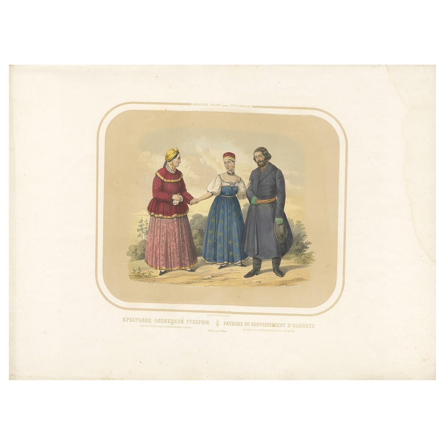 Antique Costume Print of Peasants from Olonets in Russia, circa 1860 For Sale
