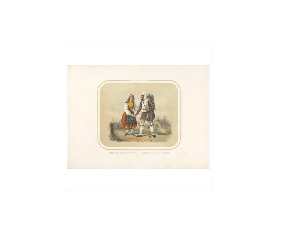 Antique print titled 'Zirianes Du Gouvert De Vologda Du District Oustioujh'. Lithograph of people from Vologda, Russia. Lithograph printed by Lemercier in Paris and published by Velten, c.1860.