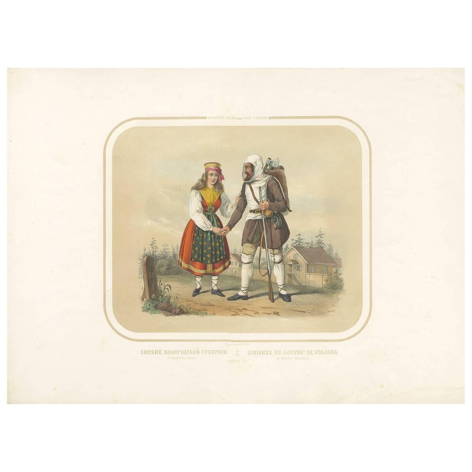 Antique Costume Print of People from Vologda (c.1860)