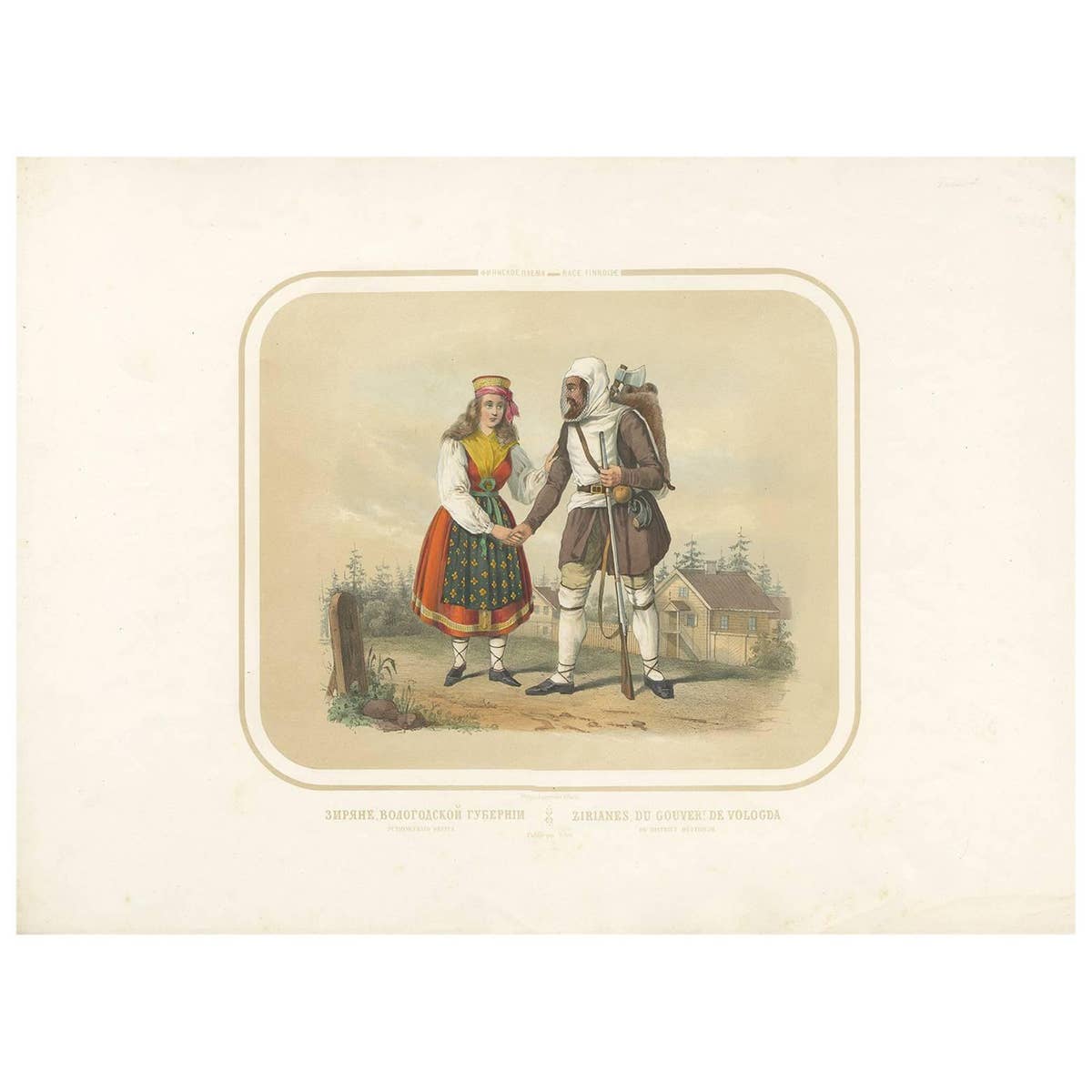 Antique Costume Print of People from Vologda (c.1860)
